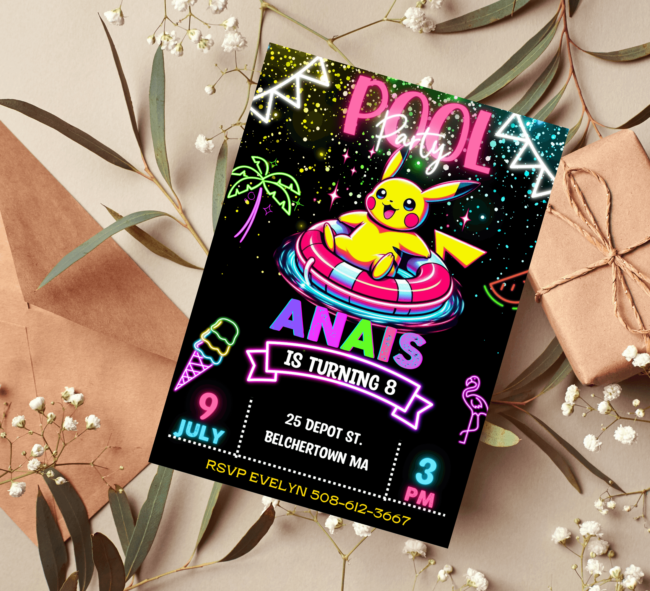 Pokemon Pikachu Neon Pool Birthday Invitation | Fun & Exciti | Inspire ...