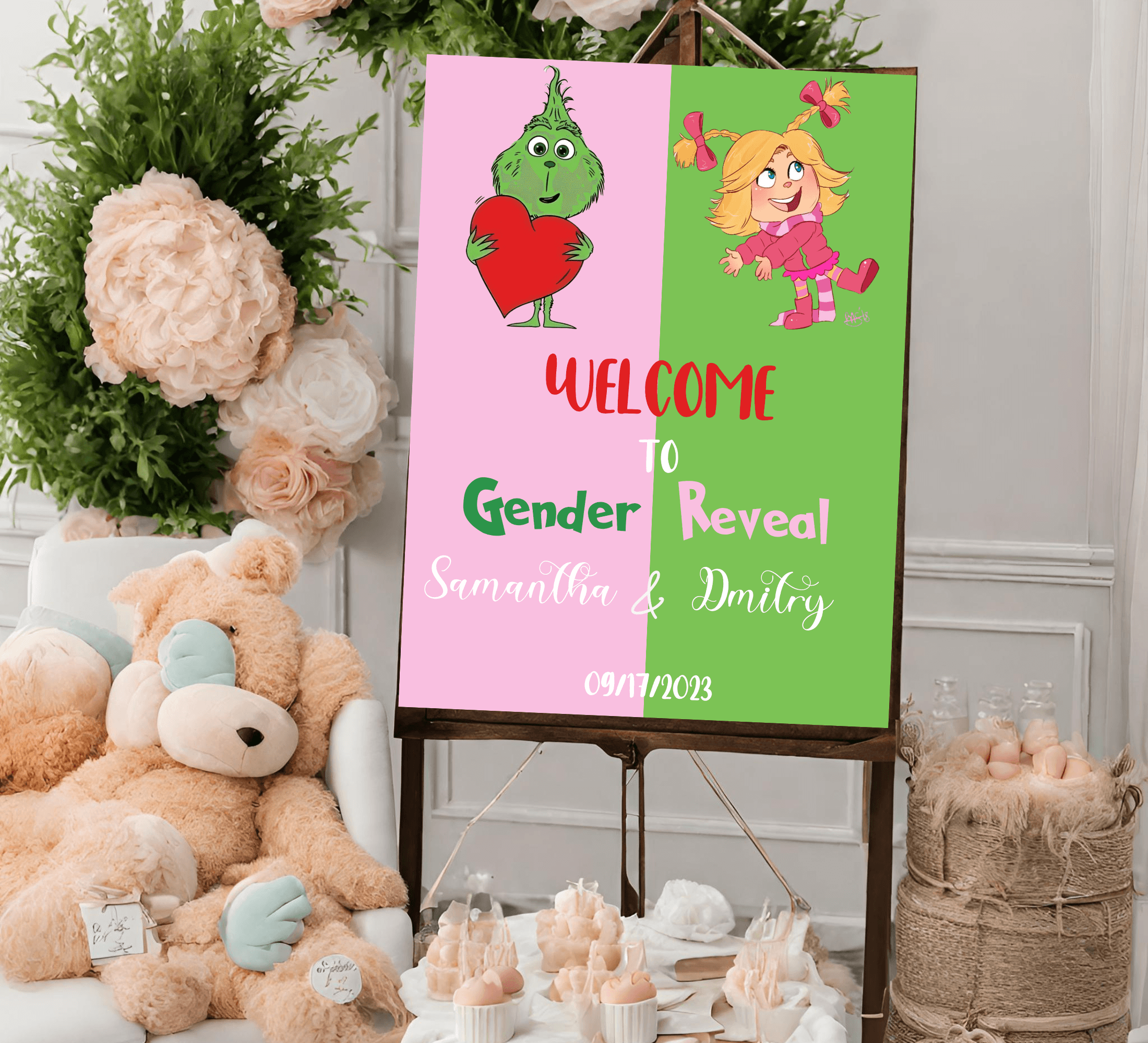 Grinch and Cindy Lou Pink and Green Gender Reveal Welcome Si | Inspire ...