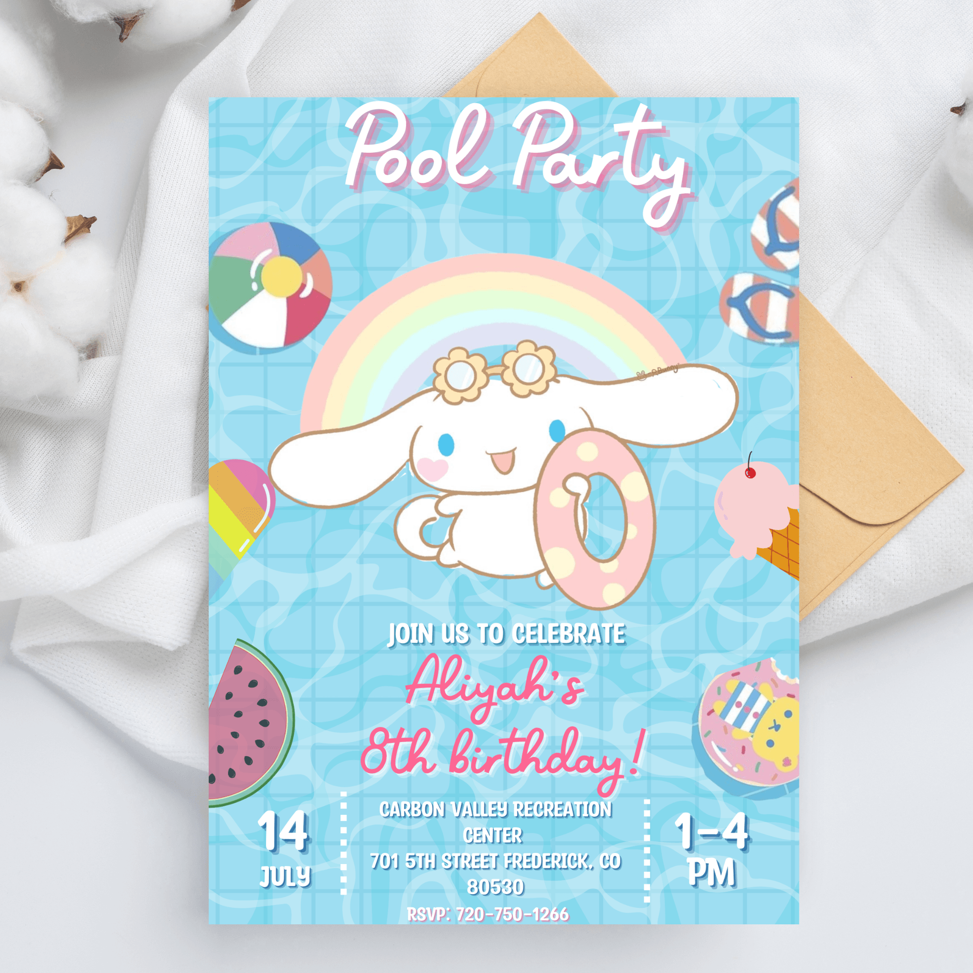 Cinnamoroll Kawaii Pool Birthday Invitation | Adorable Water | Inspire ...