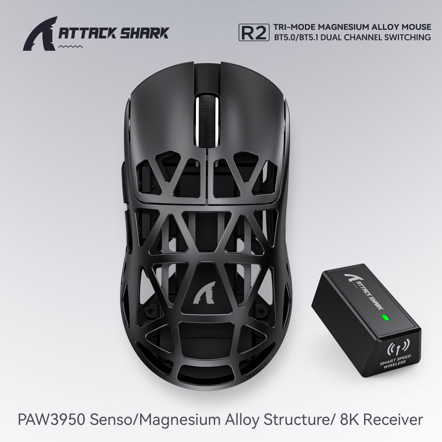 PAW3950 8K Attack Shark R2 Wireless Gaming Mouse, Magnesium Alloy Lightweight, Bluetooth Tri-Mode for Office, Gaming
