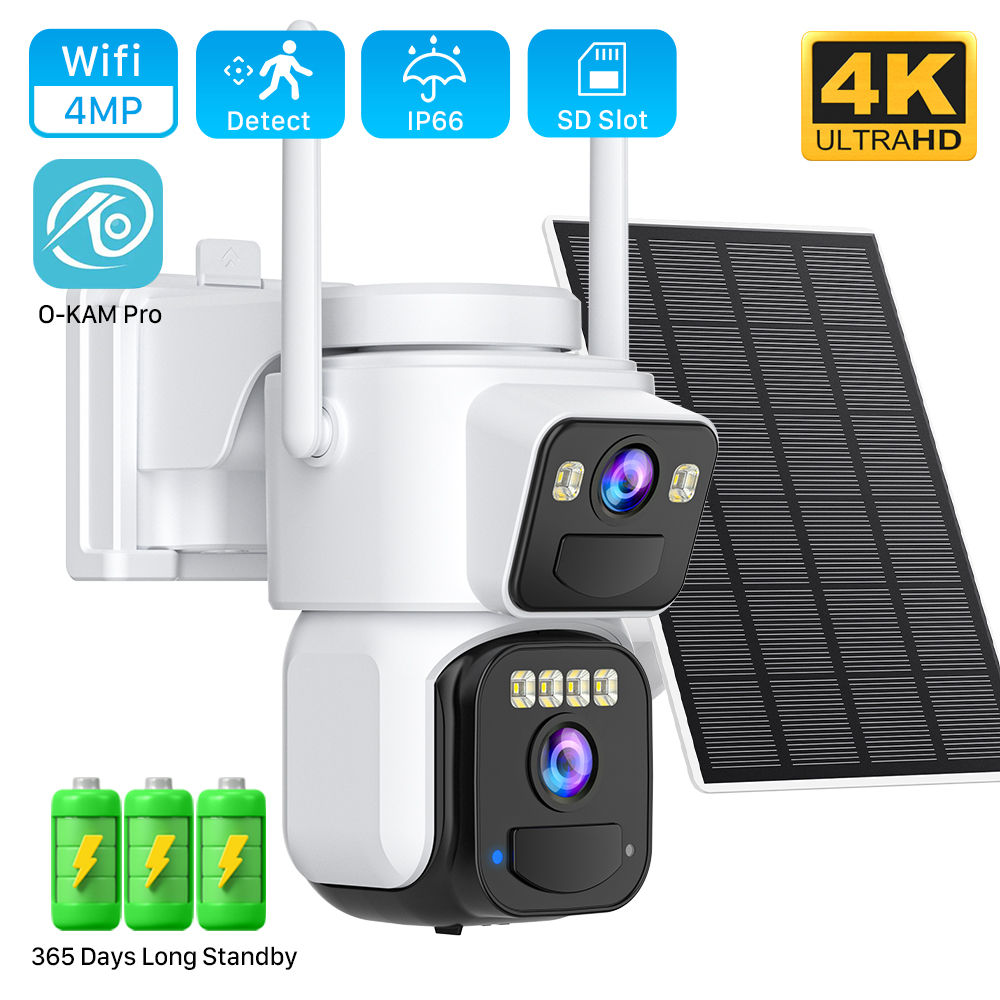 Solar Dual Lens 8MP WiFi Security Camera, Outdoor IP Camera with Color Night Vision & PIR Motion Detection, O-KAM App