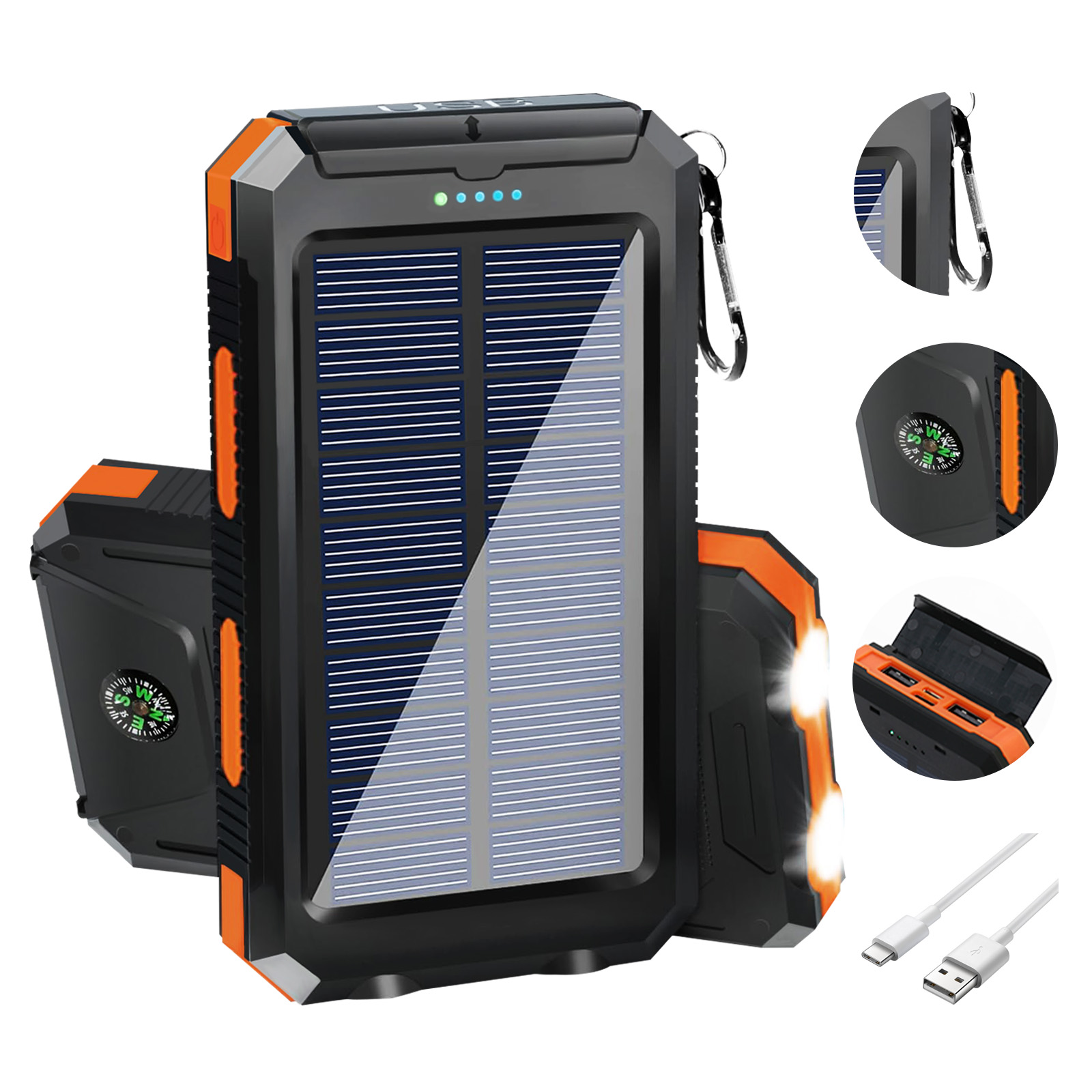 Portable Solar Power Bank, Dual USB Waterproof Solar Charger, Outdoor Flashlight, Phone Power Backup for Smartphones