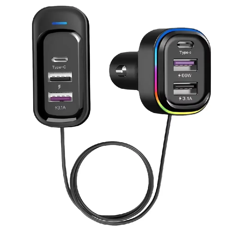 Multi Port USB C Fast Car Charger with Extension & RGB Light