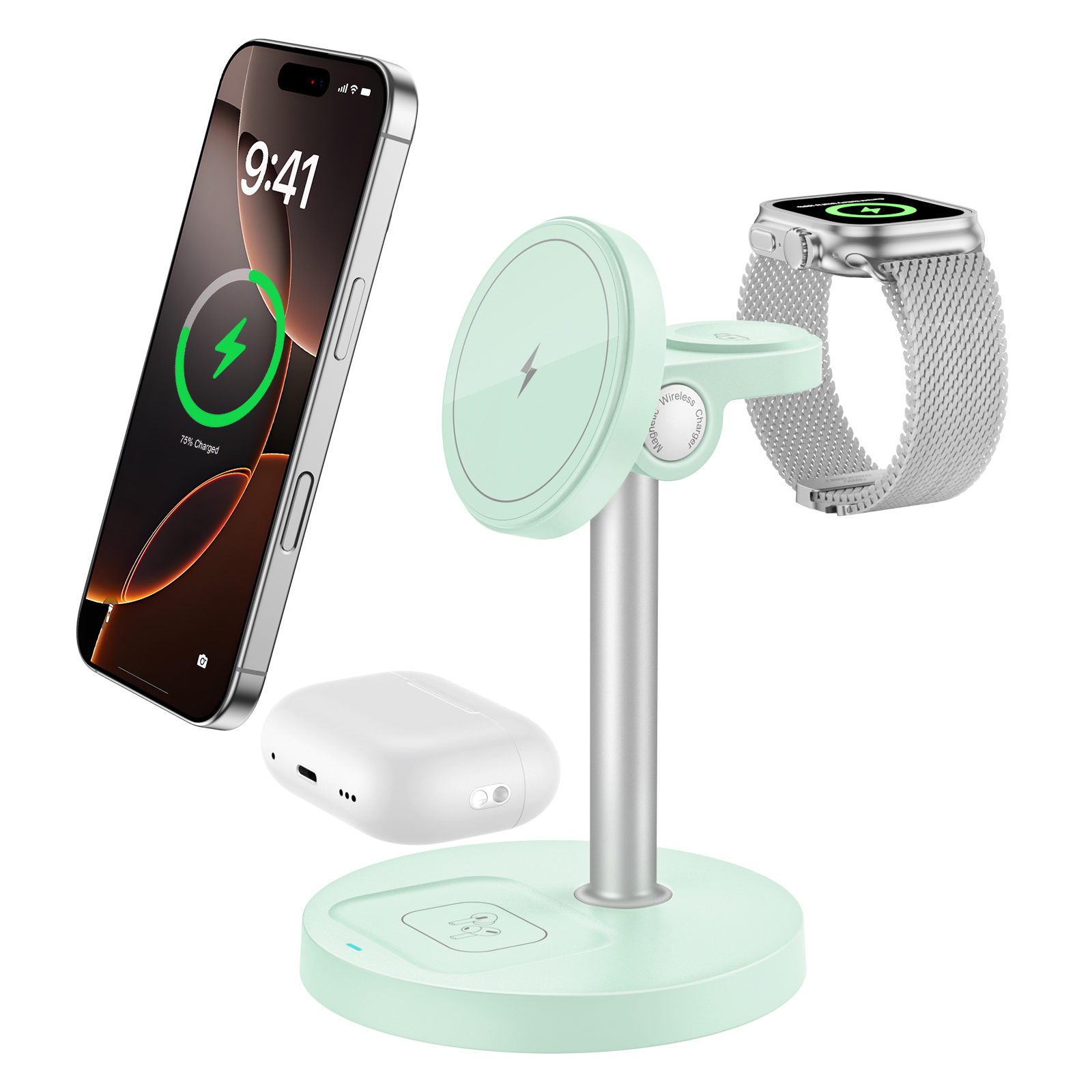 Magnetic Wireless Charger Stand Fast MagSafe Charging Station for iPhone Apple Watch & AirPods