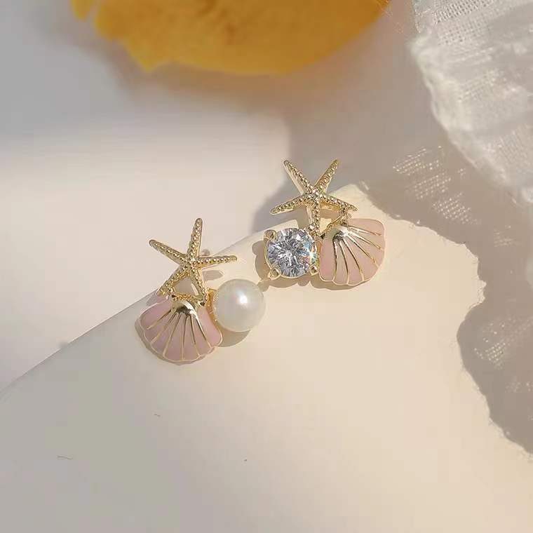 Starfish Stud Earrings with Shell & Pearl Charms Asymmetric Beach Jewelry for Women