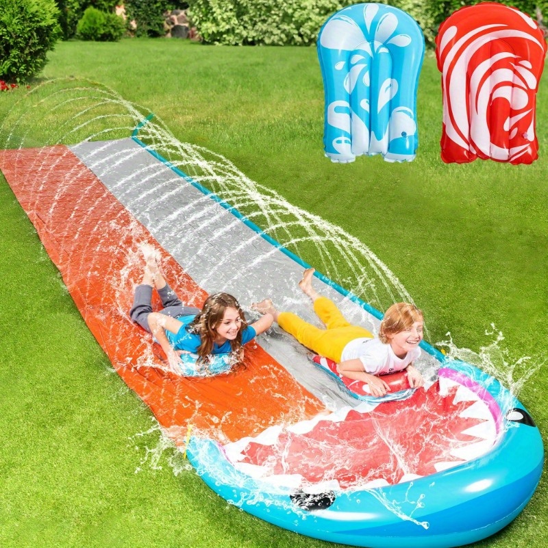 Double Lane Water Slide with Inflatable Boards Backyard Slip and Slide for Kids & Adults