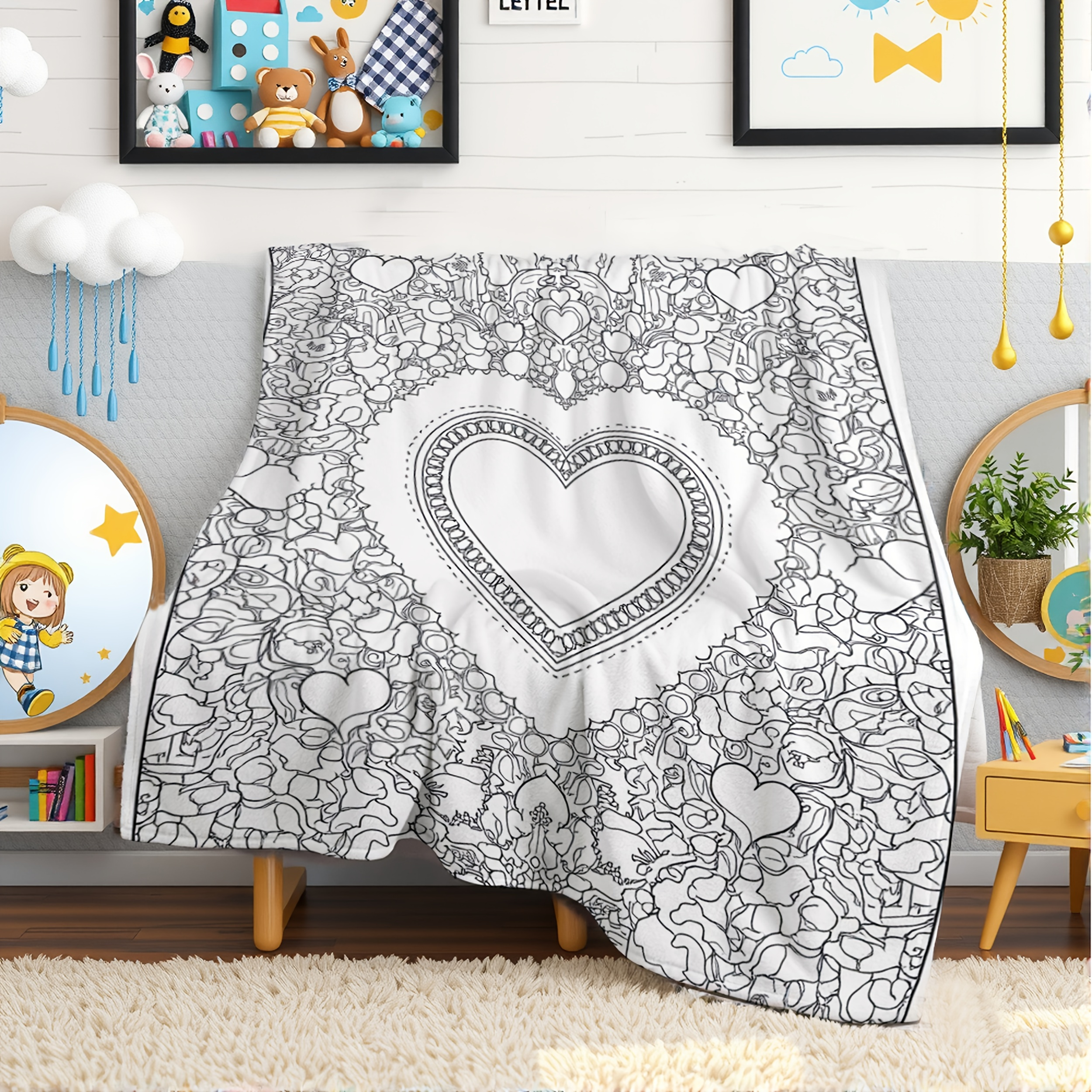 Personalized Coloring Blanket with Custom Name Soft Kids Fleece Heart Throw Gift