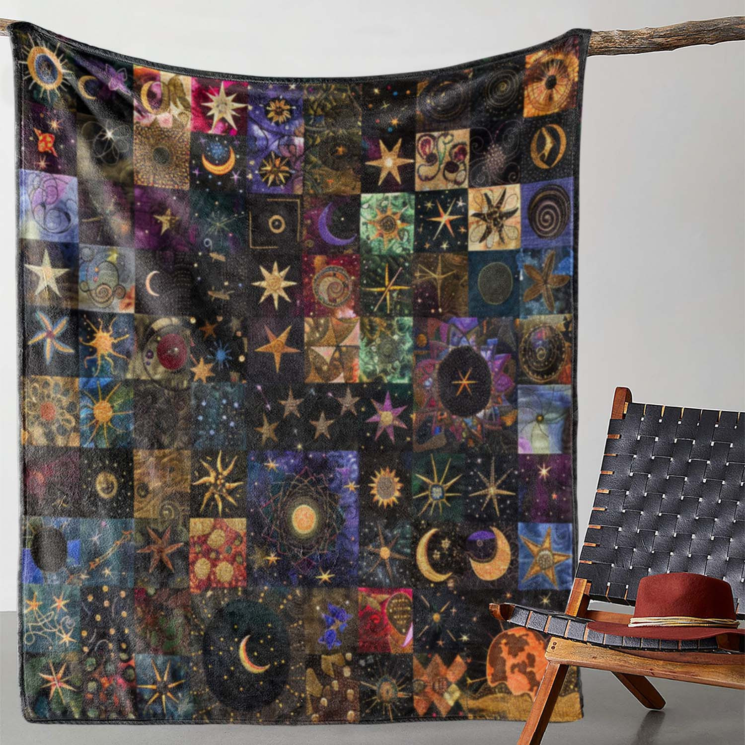 Vintage Flannel Fleece Blanket with Star Moon Print Cozy Soft Throw for Sofa, Bed & Travel