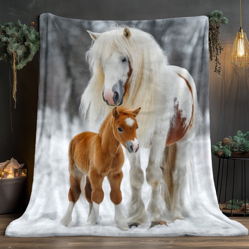White Horse & Foal Horse Throw Blanket Soft Flannel Fleece Blanket for Sofa, Bed & Travel