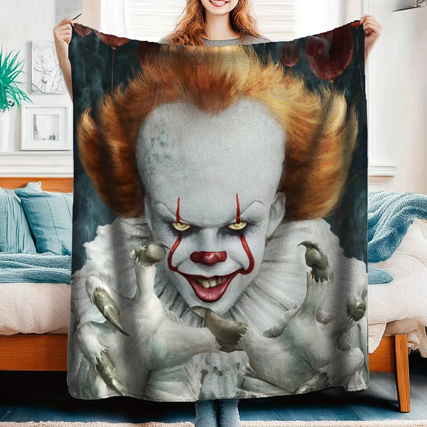 Pennywise Horror Throw Blanket Soft Halloween Flannel Fleece Blanket for Sofa, Bed & Movie Nights