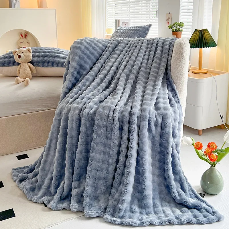 Luxury Faux Rabbit Fur Throw Blanket Fluffy Striped Soft Plush Cozy Sofa & Bed Blanket