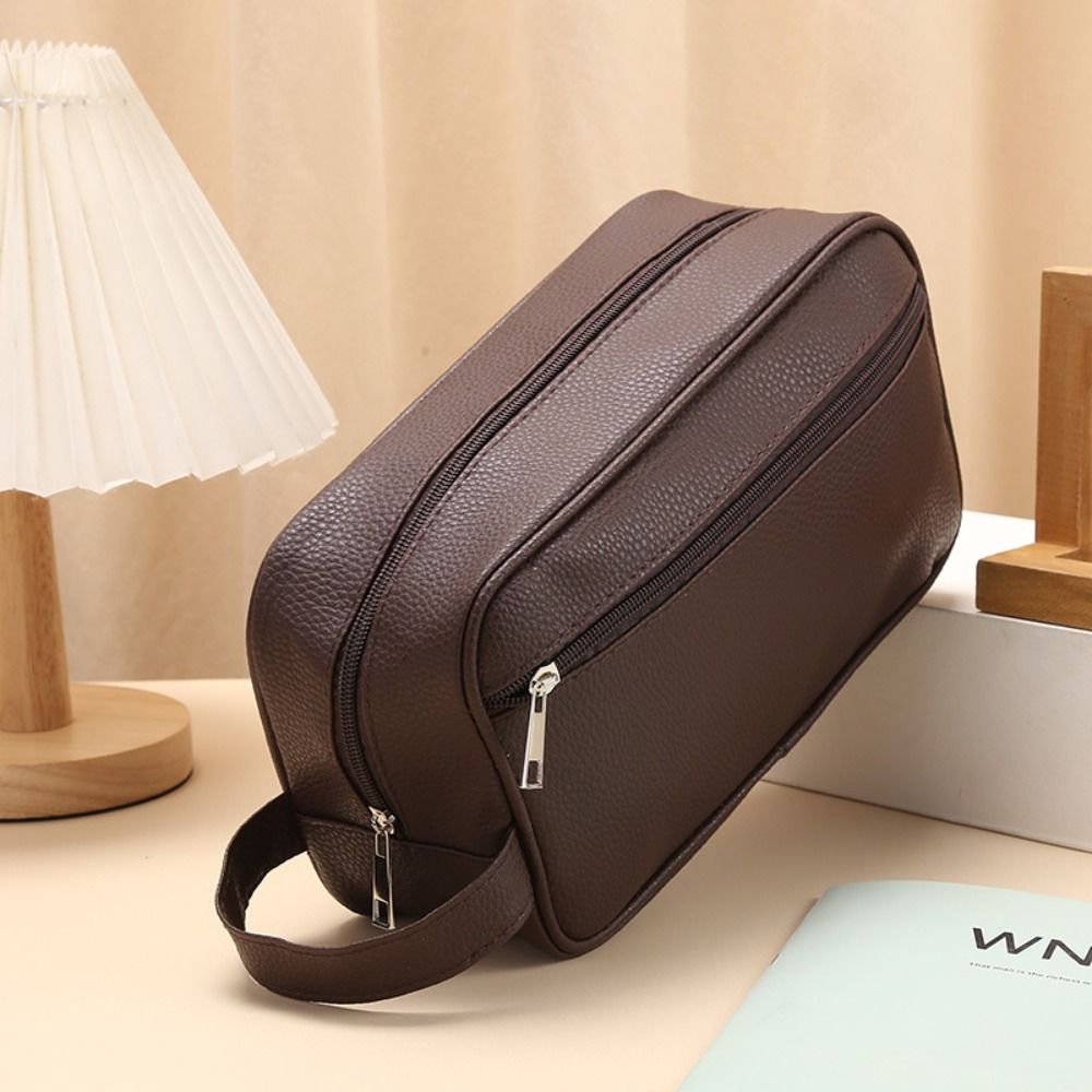 Mens Large Capacity Travel Toiletry Bag in PU Leather with Zipper Grooming Organizer