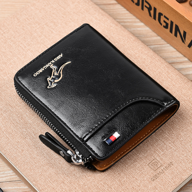 Executive Mens Leather Wallet with RFID Protection, Zipper Closure and Business Card Holder