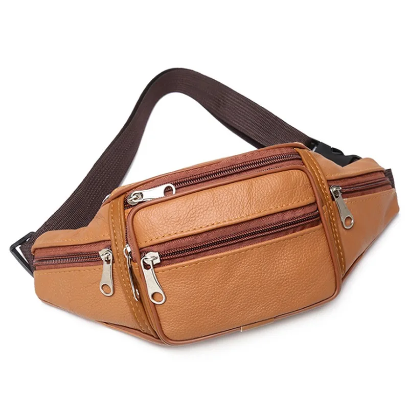 Mens Top Grain Leather Fanny Pack Multi Pocket Cross body Travel Waist Bag