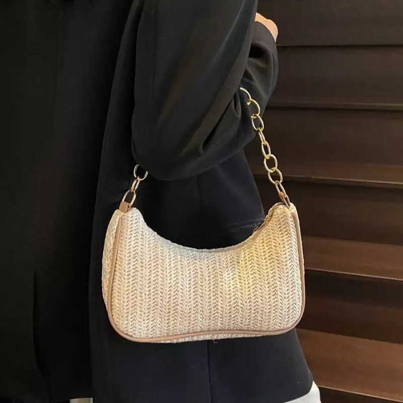 Woven Straw Shoulder Bag with Gold Chain, Crescent Purse for Summer and Beach