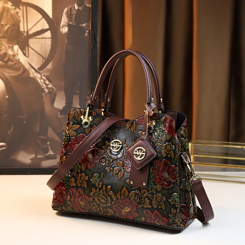 Vintage Floral Handbag for Women, PU Leather Tote and Crossbody Bag