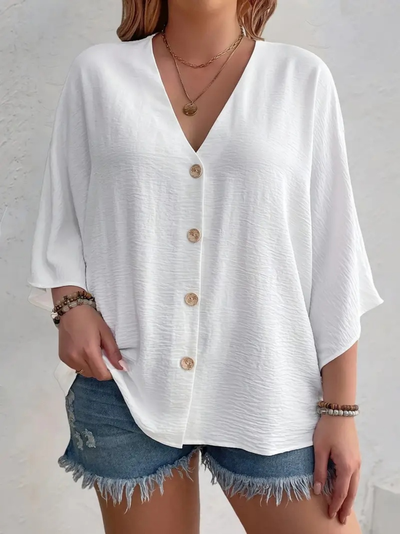 Womens Plus Size V Neck Blouse Loose Fit Long Sleeve Casual Top