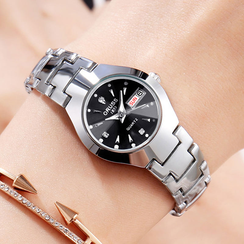 Elegant Womens Stainless Steel Water proof Luminous Quartz Calendar Watch