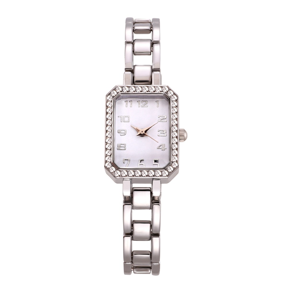 Luxury Square Womens Quartz Watch with Rhinestone Stainless Steel Bracelet