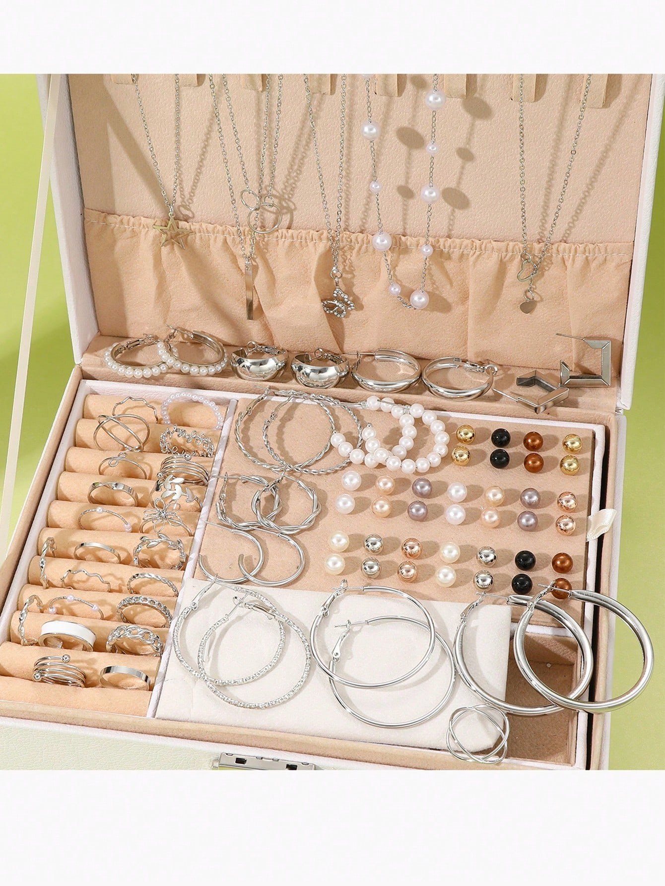 Pearl Jewelry Set for Women with Layered Necklace Earrings and Rings