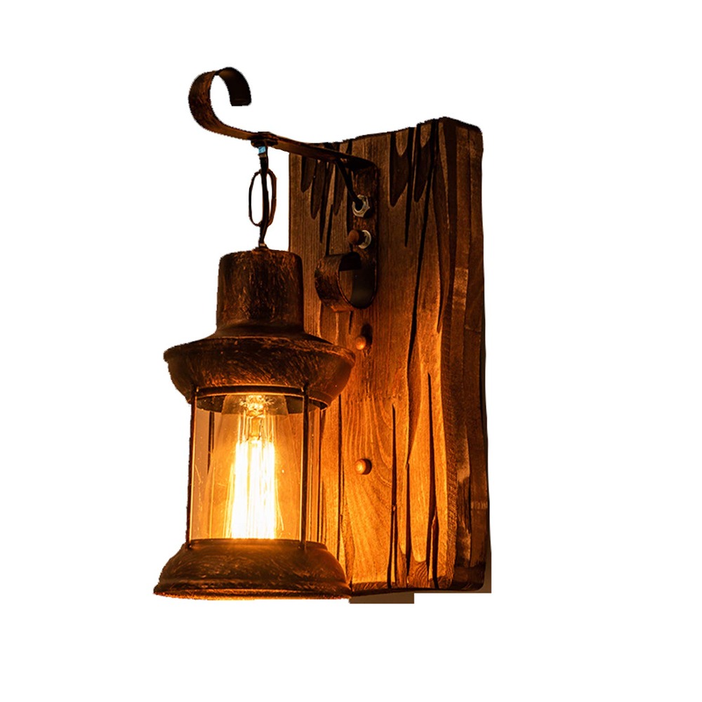 Nordic Vintage Industrial Wood Wall Lamp with Rustic Wall Sconce