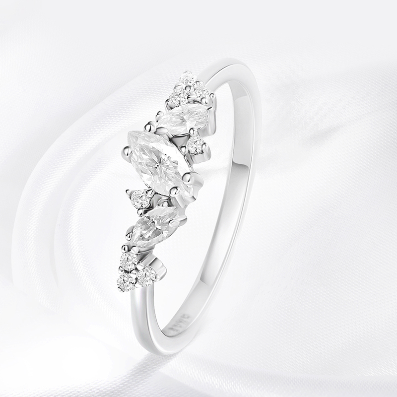 Marquise Moissanite Engagement Ring Double Halo Sterling Silver Eternity Band