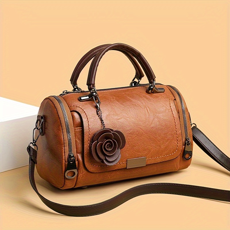 Vintage Boston Handbag Large Capacity PU Leather Satchel with Flower Pendant