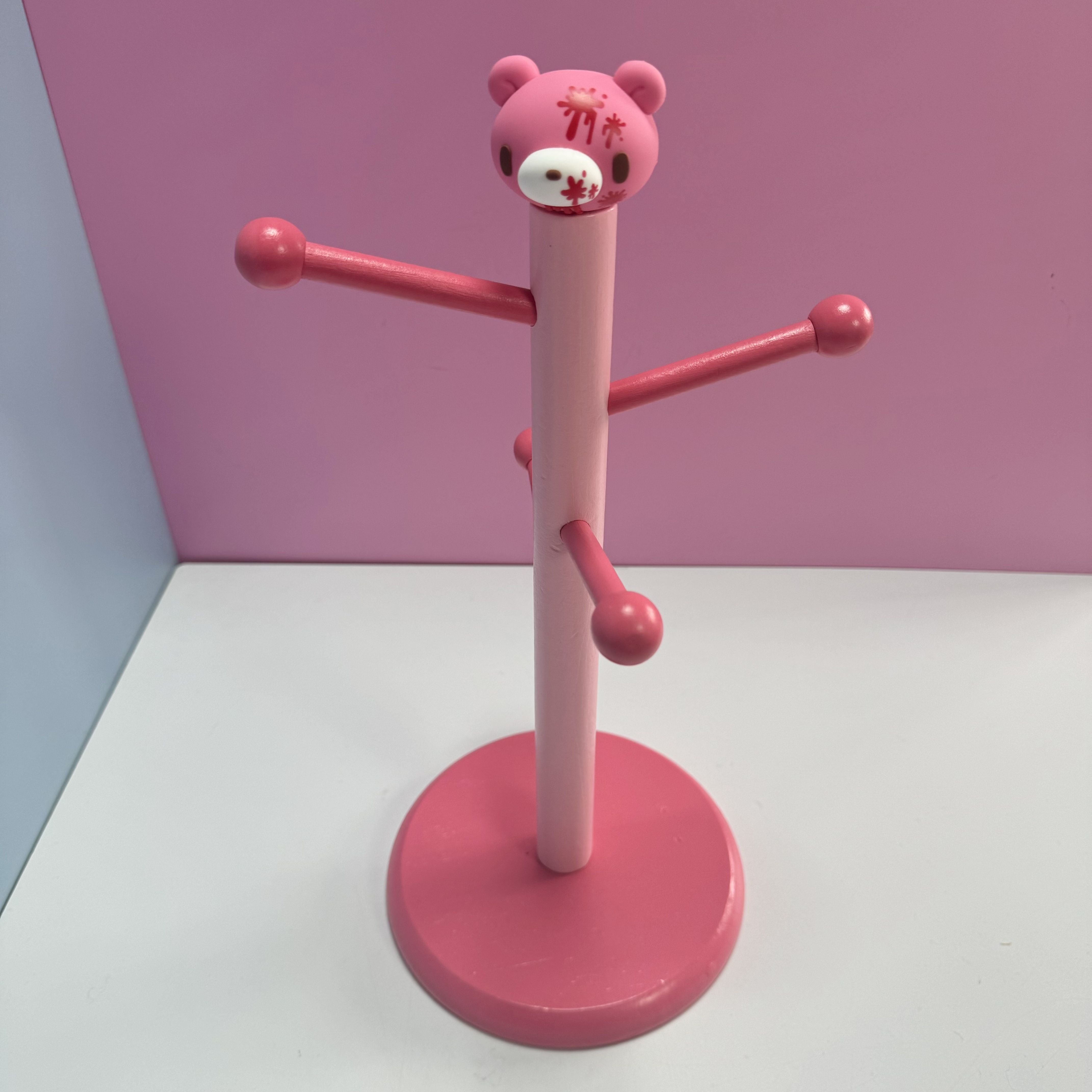 Cute Pink Bear Wooden Jewelry Stand for Desk and Vanity