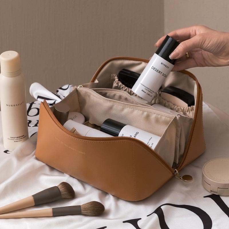 Large Capacity PU Leather Travel Cosmetic Bag Foldable Makeup and Toiletry Organizer