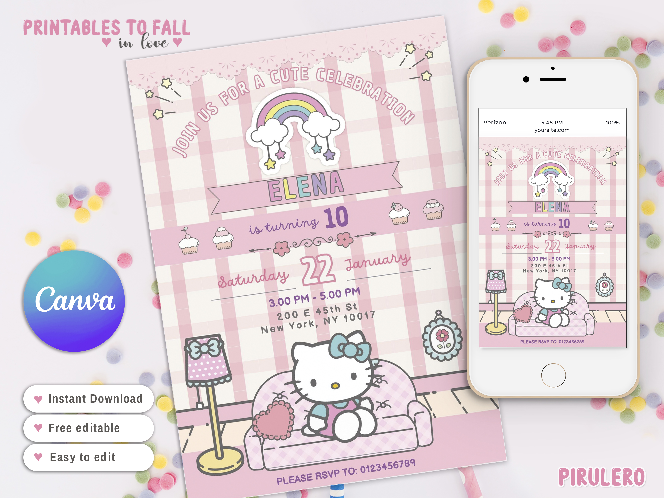 Hello kitty Rainbow Invitation Canva Template, kitty Party i | Inspire ...