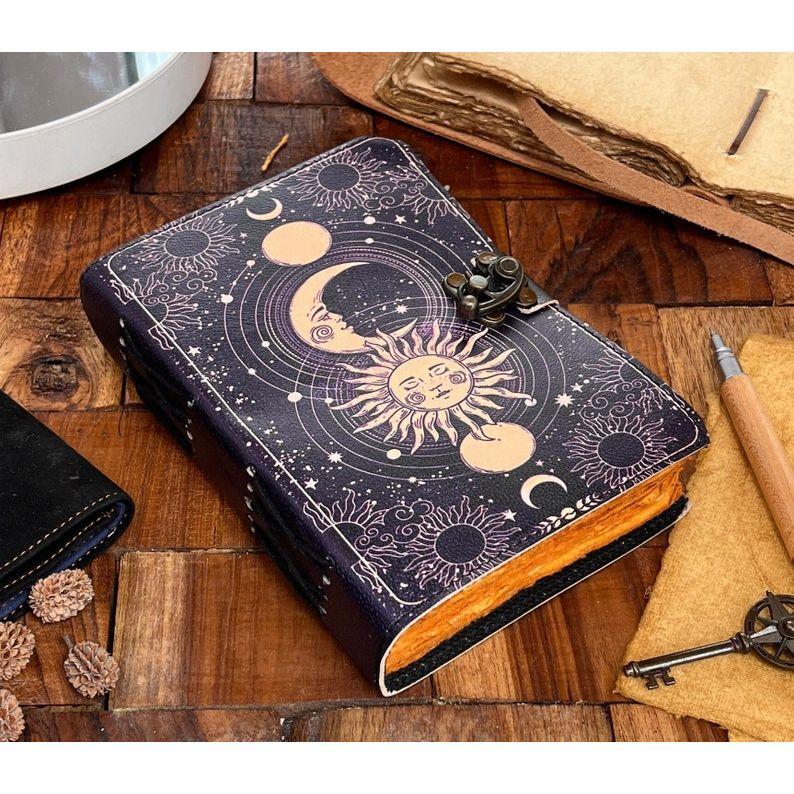 Celestial Sun & Moon Grimoire Leather Journal Handmade Vinta | Inspire ...
