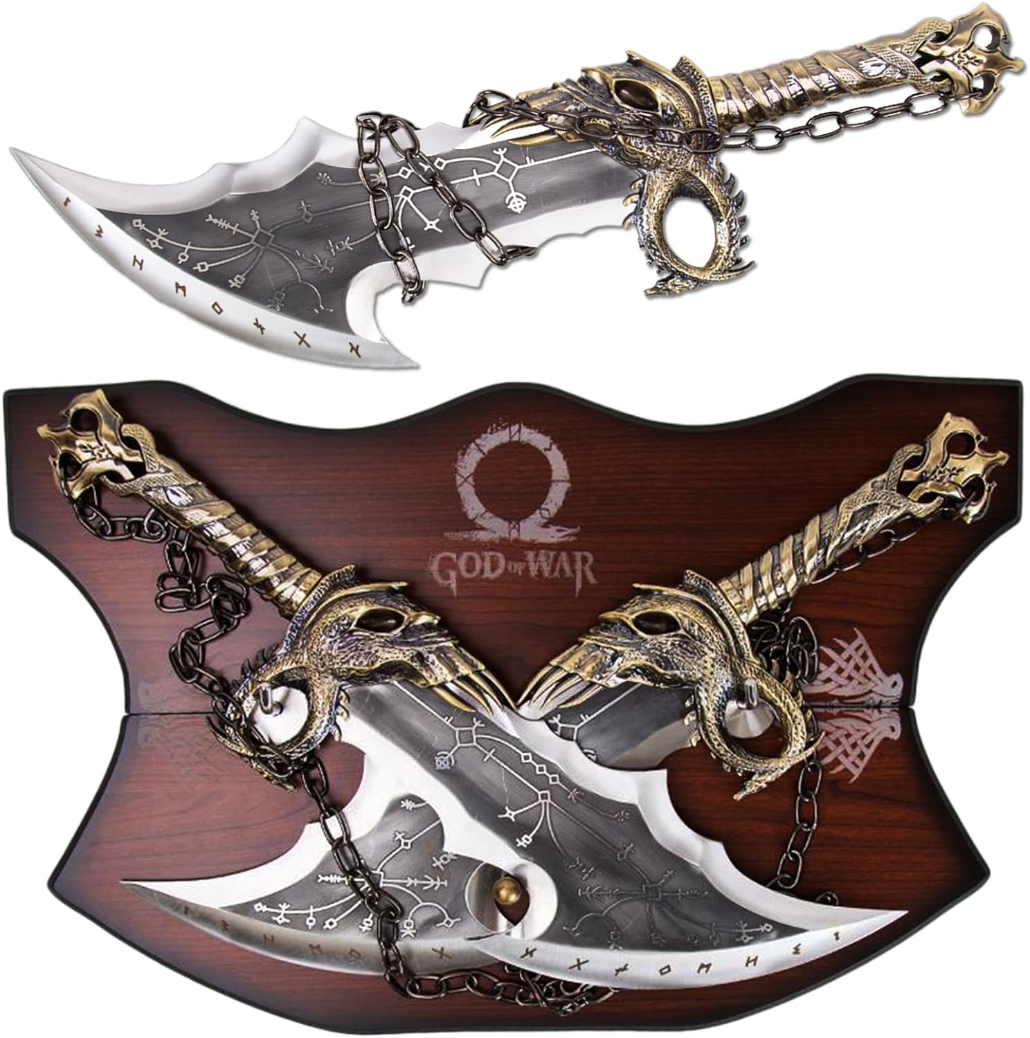 Kratos Lame Del Caos God Of War - Replica 1:1 In Metallo Set Di 2 Spade Con Targa Espositiva - 52 Cm - Per Cosplay E Collezionisti