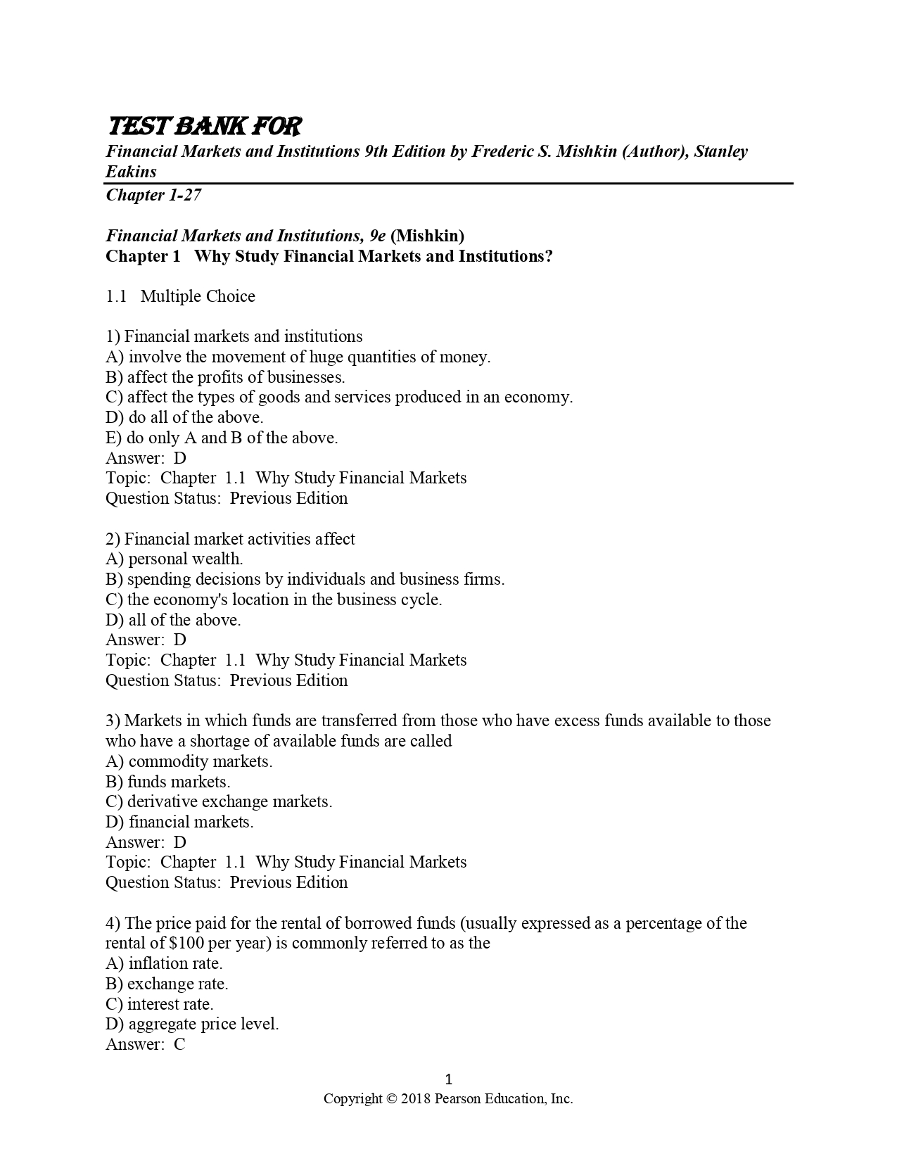 Test Bank for Financial Markets and Institutions 9th Edition | Inspire ...
