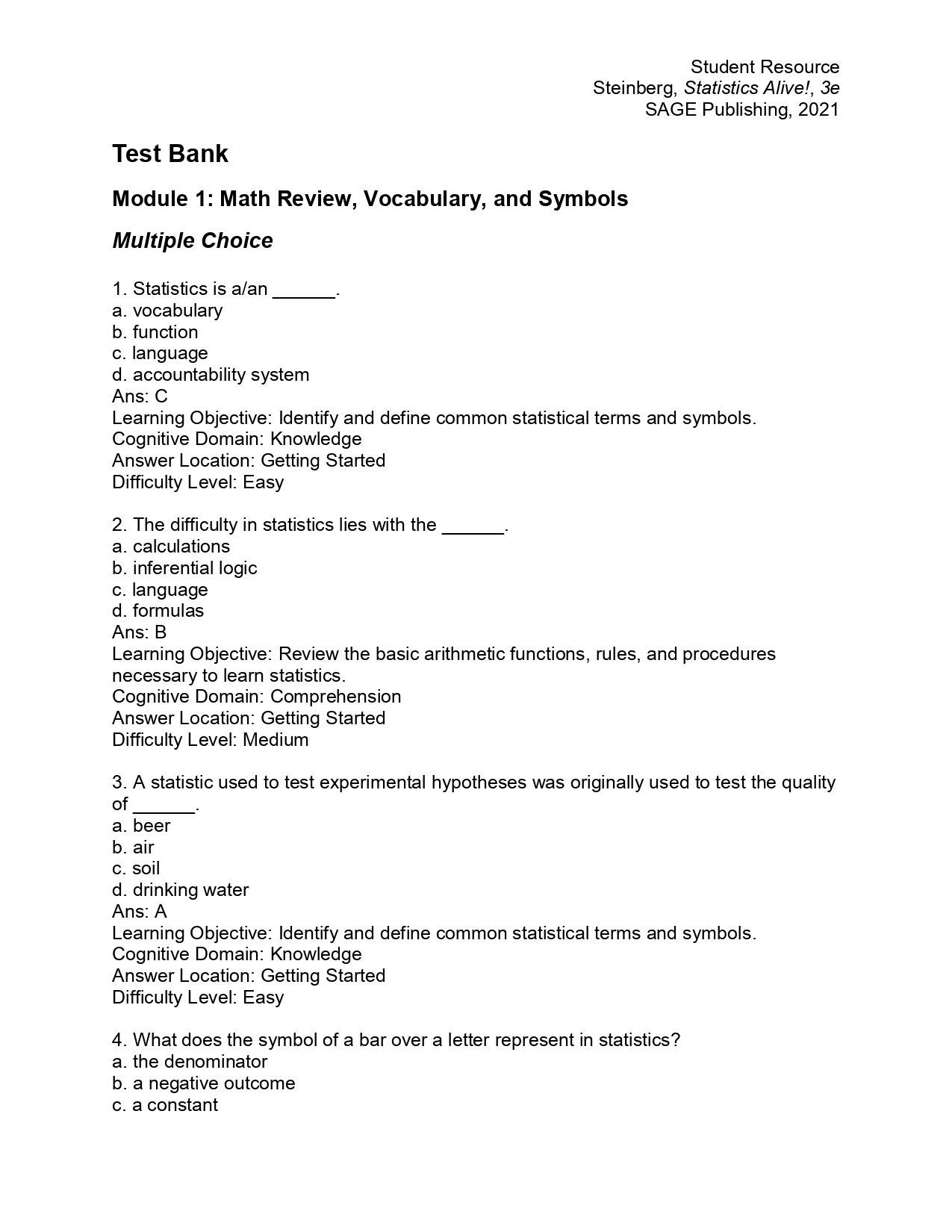 Test Bank for Statistics Alive 3rd Edition by Wendy J. Stein | Inspire ...