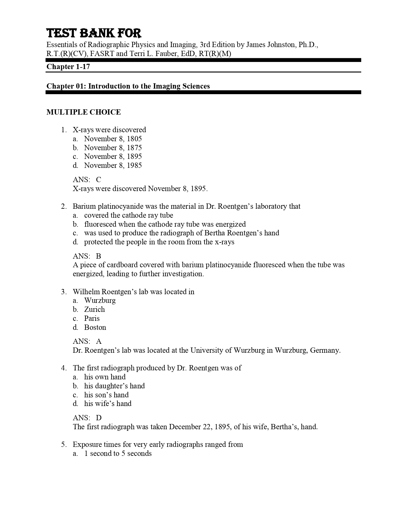 Test Bank For Essentials of Radiographic Physics and Imaging | Inspire ...