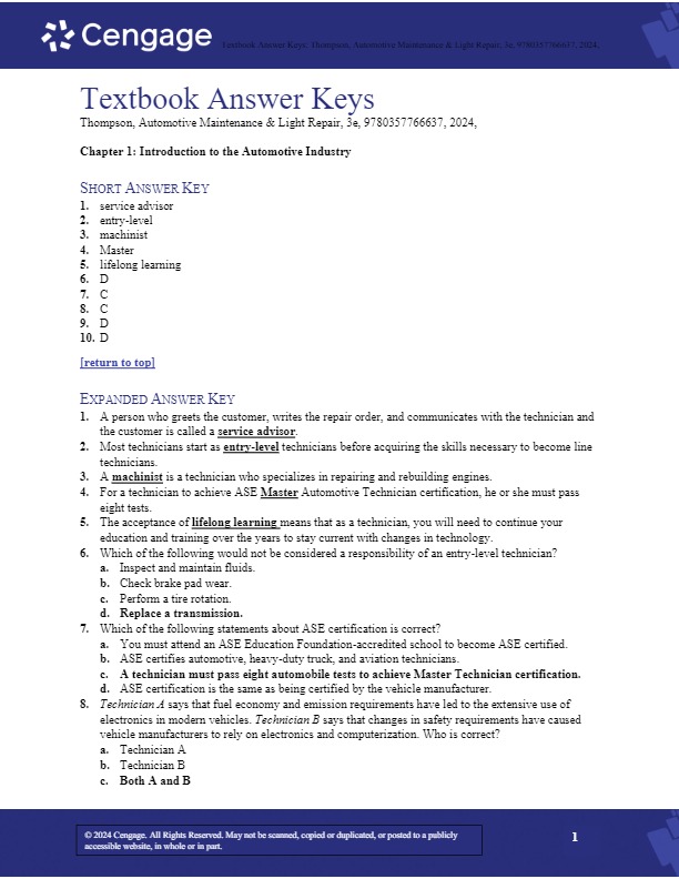 Answer Keys-Textbook Automotive Maintenance & Light Repair 3 | Inspire ...