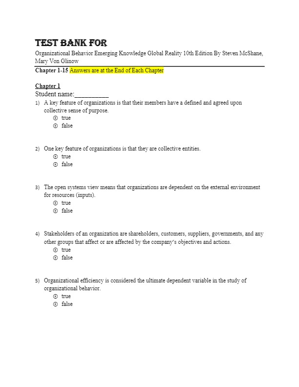 Test Bank For Organizational Behavior Emerging Knowledge Glo | Inspire ...