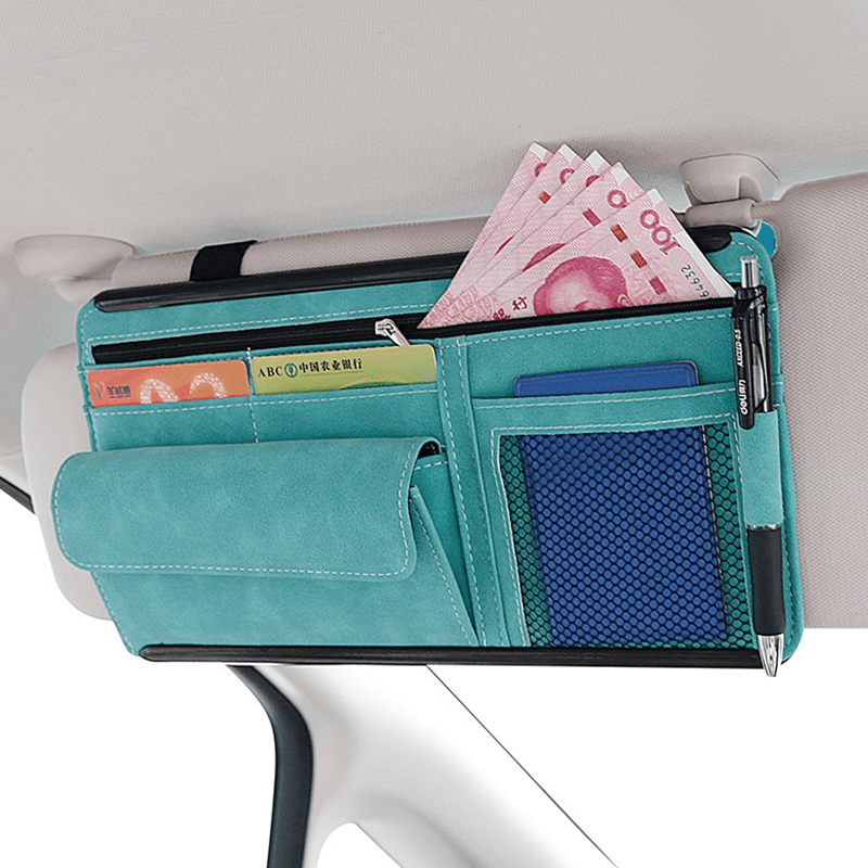 Premium Sheepskin Leather Car Sun Visor Storage Bag Organizer Pouch