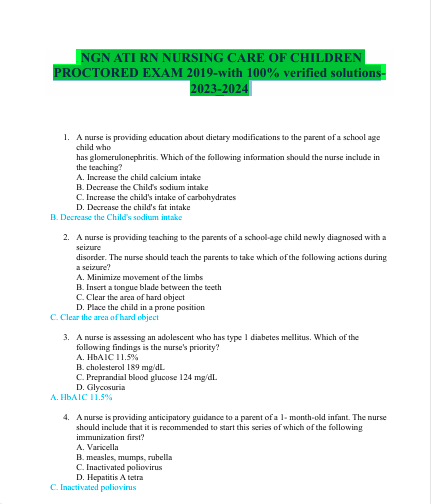 NGN ATI RN Nursing Care of Children Proctored Exam 2019 | Inspire Uplift