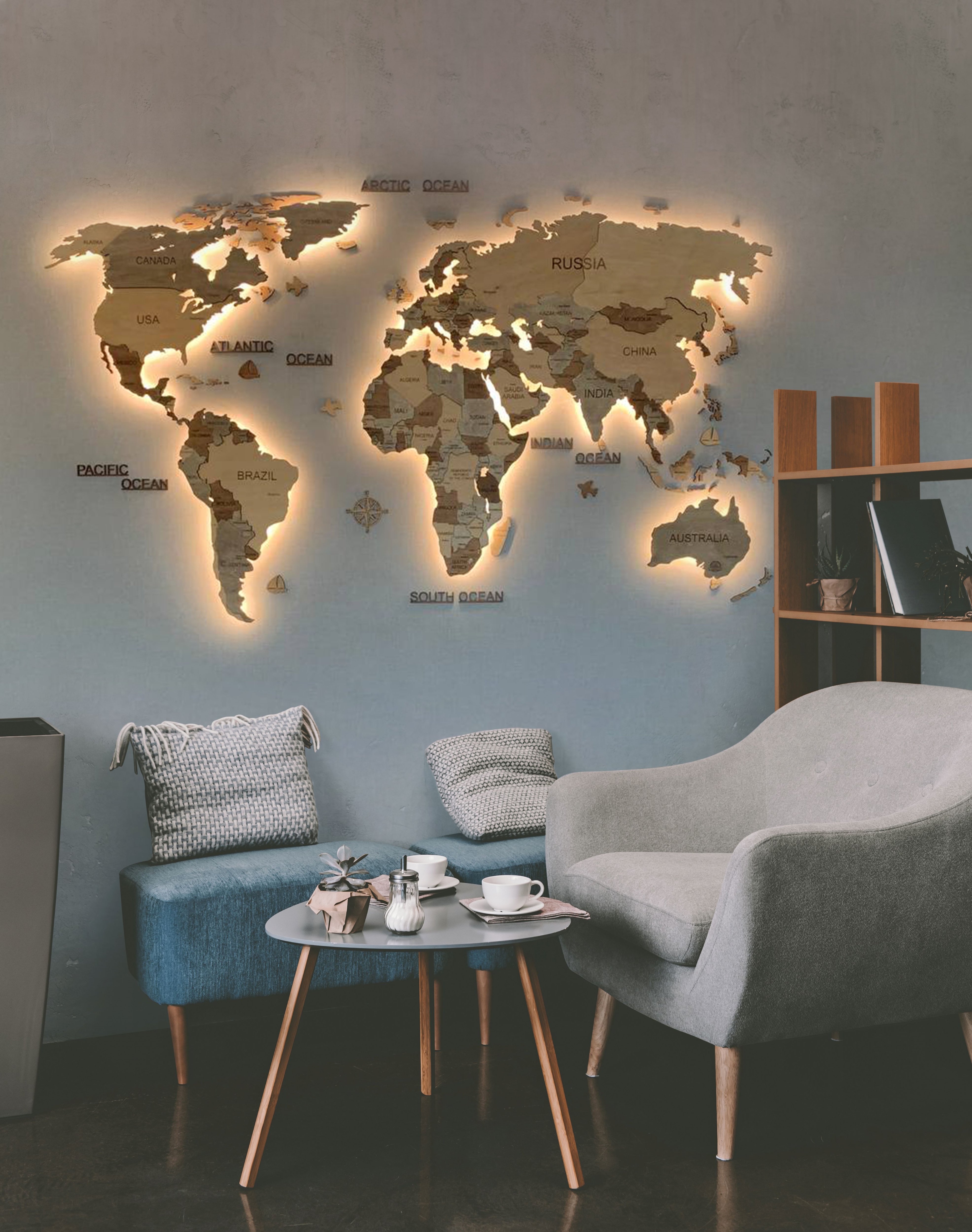 3D White LED Wood World Map - Minimalist Scandi Decor, Susta | Inspire ...