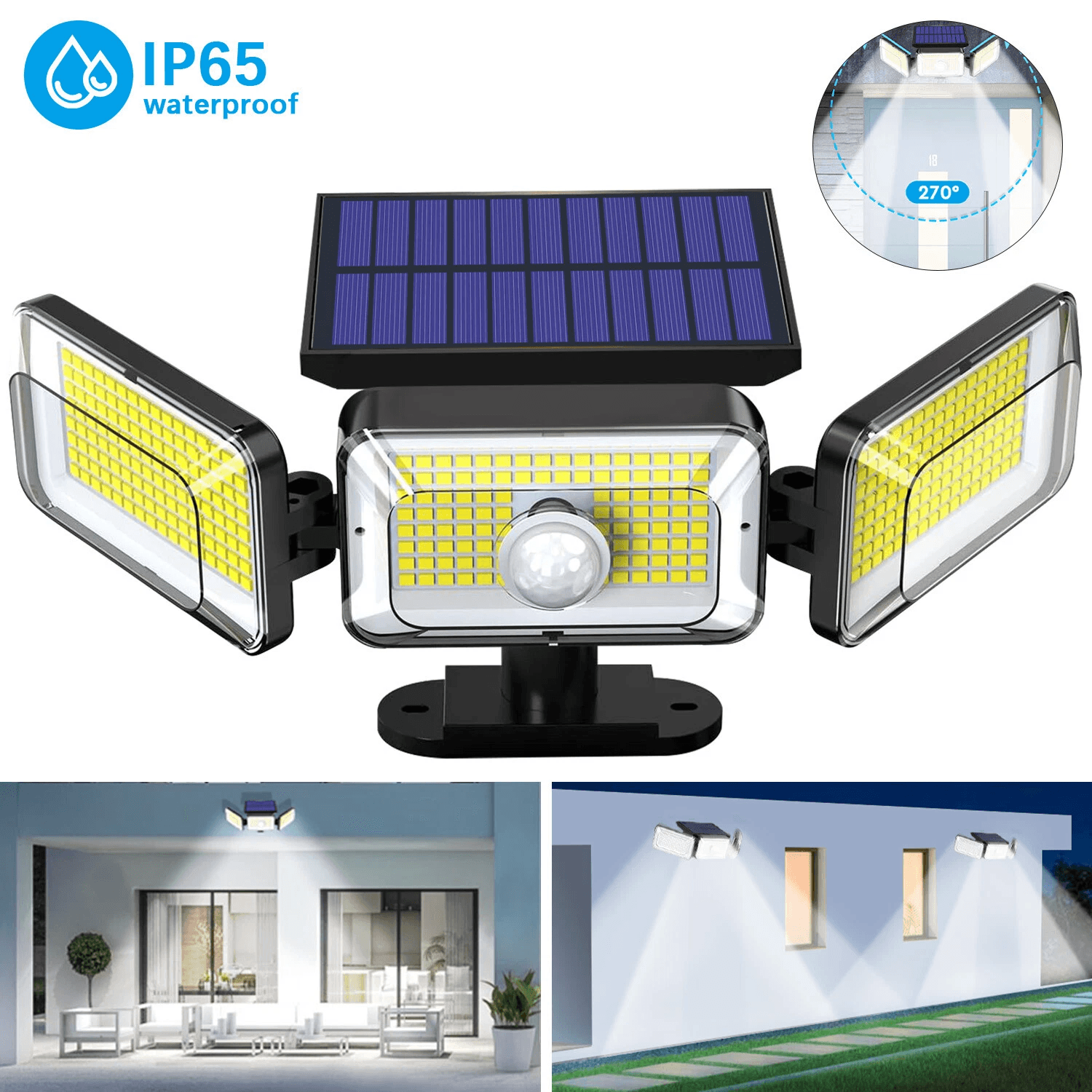 LED Solar Power Wall Lights, PIR Motion Sensor Outdoor Garden Security Lamp, 3 Mode Waterproof Flood Light