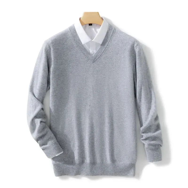 Mens Soft Cashmere Sweater, Autumn Winter Pullover Slim Fit V-Neck Knitted Woolen Knitwear for Business Casual Wear