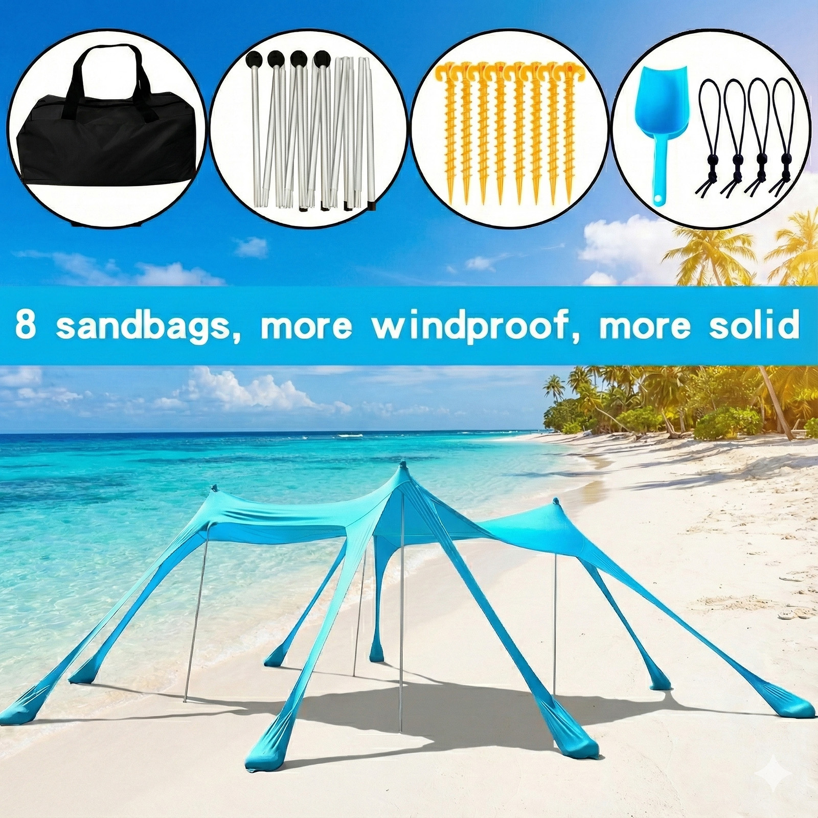 Portable Beach Canopy Sun Shade with Sandbags and Poles for Family Camping
