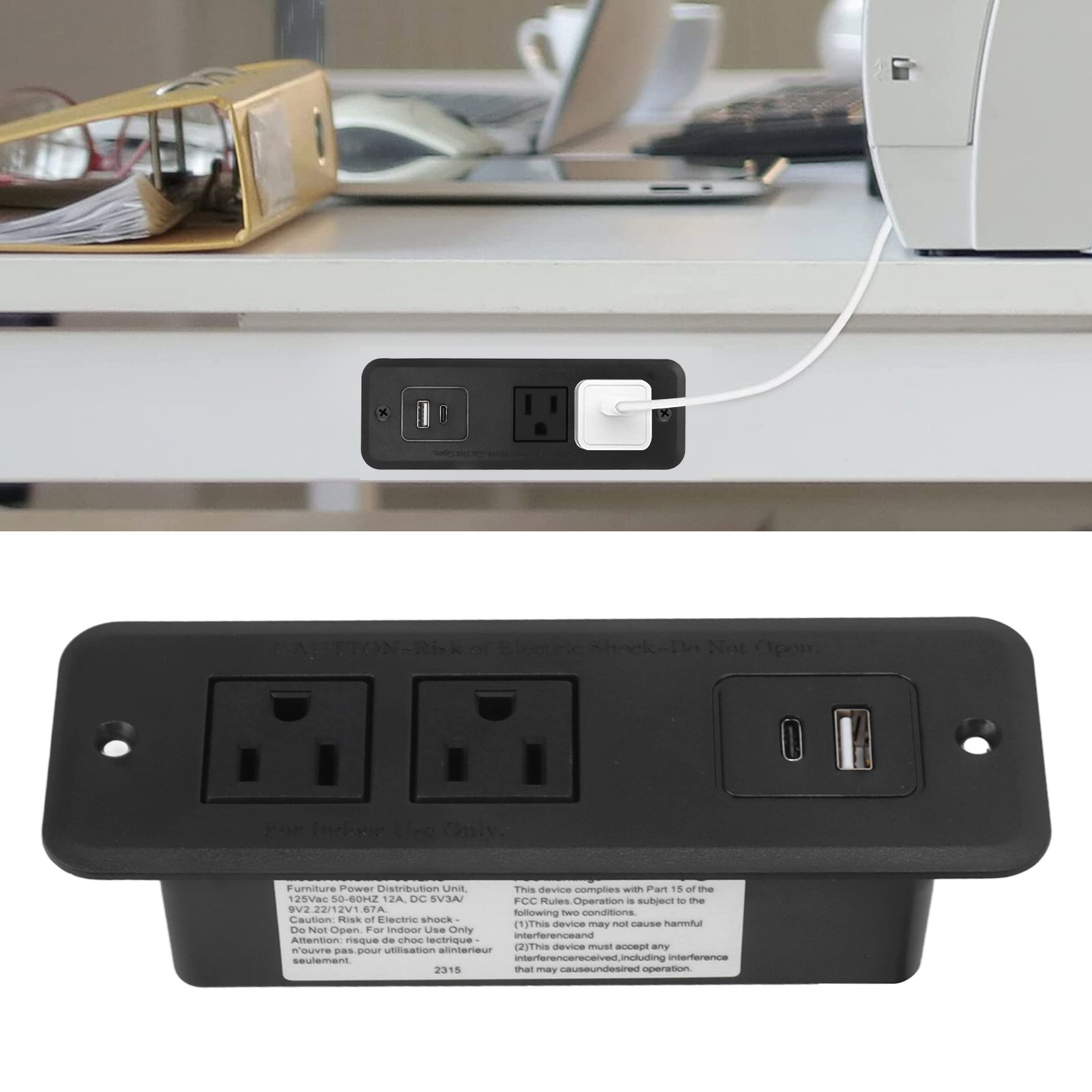 Recessed Desk Power Strip with USB C Fast Charging and Built In AC Outlets