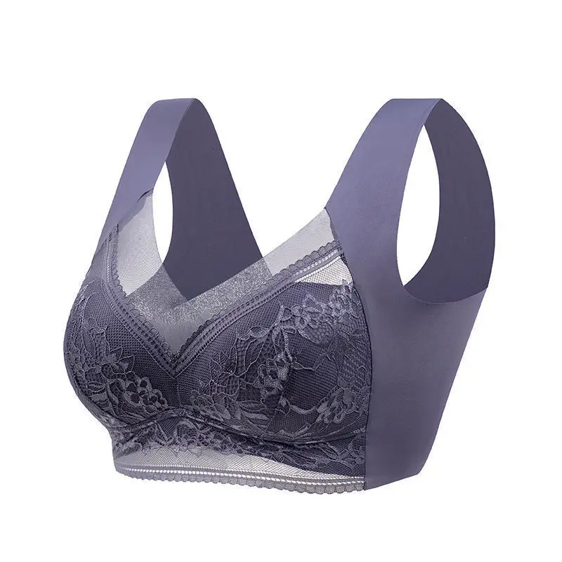 Womens Plus Size Push Up Bra, Ice Silk Seamless Bralette with Lace Trim, Wireless Comfort for Summer & Everyday Wear