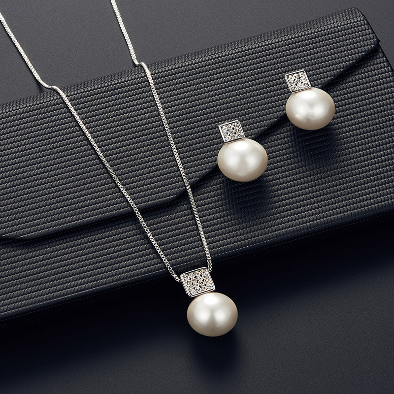 Elegant Imitation Pearl Pendant Women Necklace & Earring Stud Set, Snake Chain Square Metal Frame &