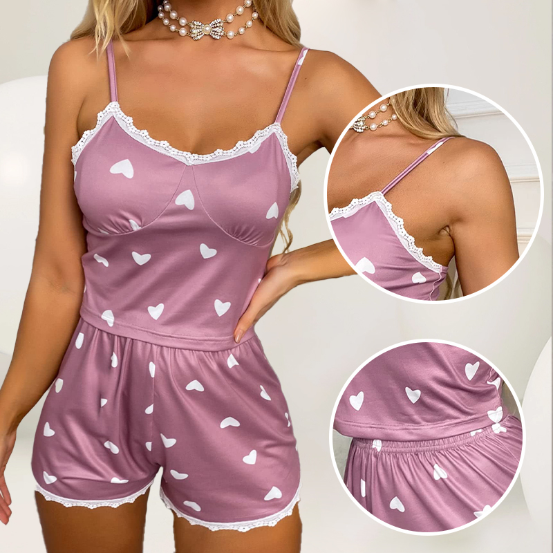 Women's Casual Printed Pajama Set, Two-Piece V-Neck Suspender Lace Printed Top and Shorts Pajama Set