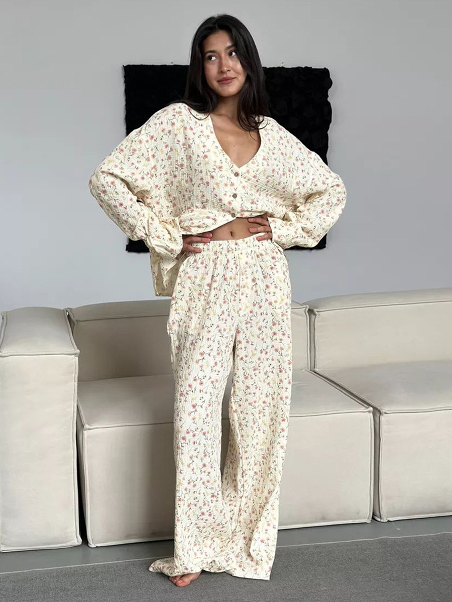 Women's 100% Cotton Printed Cardigan Pajama Set, Autumn Long Sleeved Pants