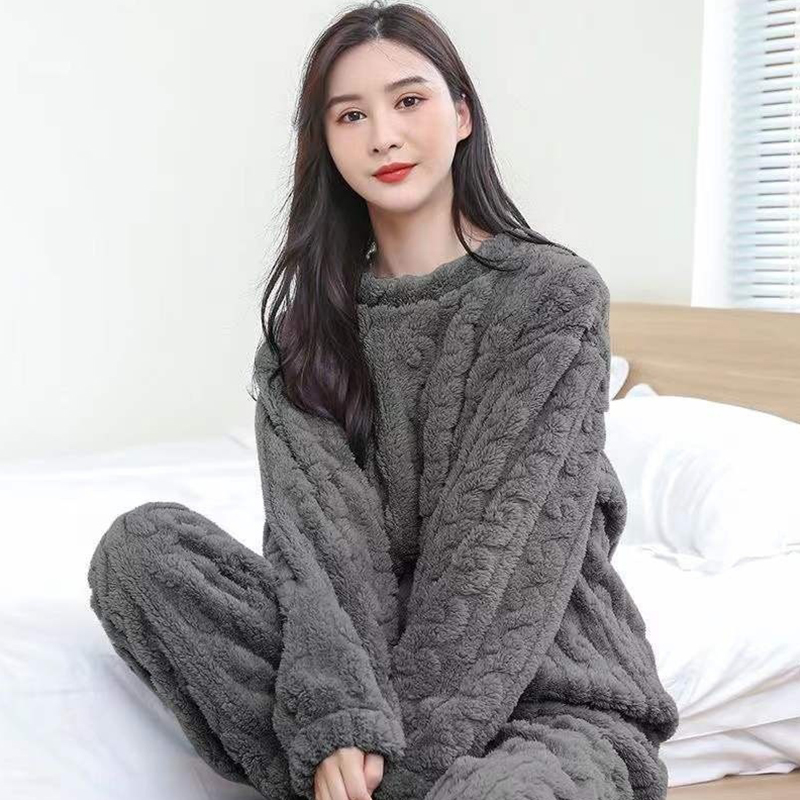 Women Autumn Solid Warm , Thicken Velvet Ribbed Fleece Pullover, Casual Pajama Pants Set