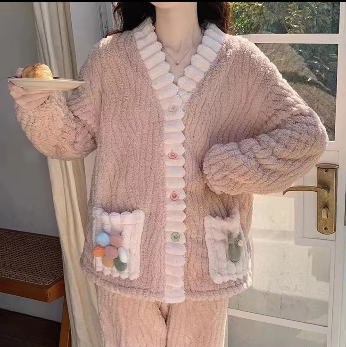 Cozy Thickened Warm Flannel Women Sleepwear, Soft Kawaii Pajamas, Winter Cardigan Suit Homewear